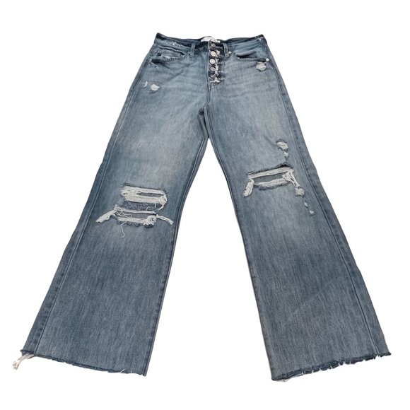 KanCan Women's Button Fly High Rise Wide Jeans, Light Wash, Frayed Hem, 24 - Picture 3 of 8